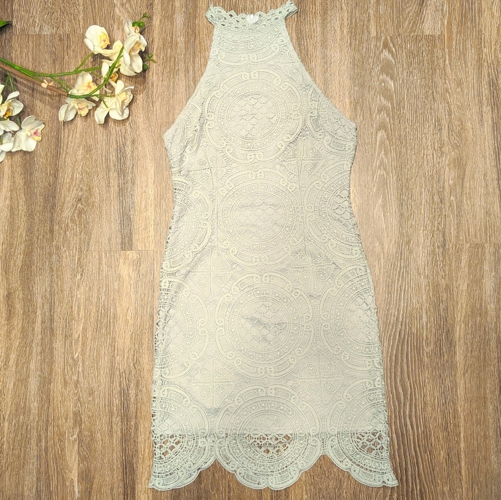 Seafoam Green Knee Length Crochet Halter Dress-M